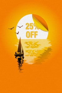 Landscpae with boat and the sun as a sticker - illustration