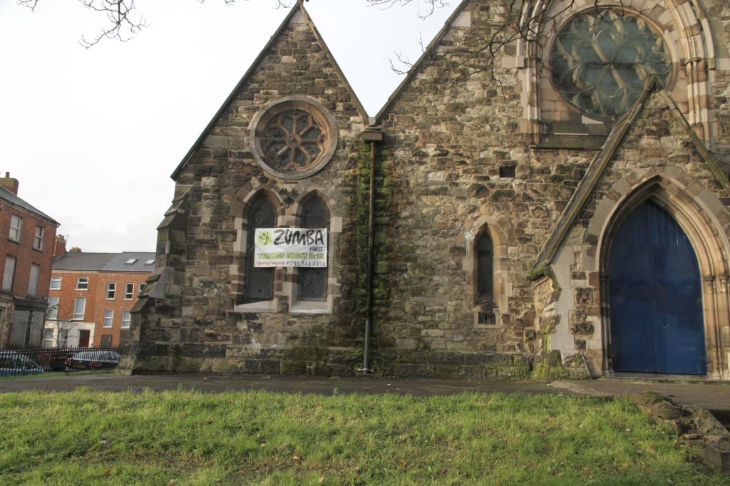 Zumba advertising on the window of a church in Belfast